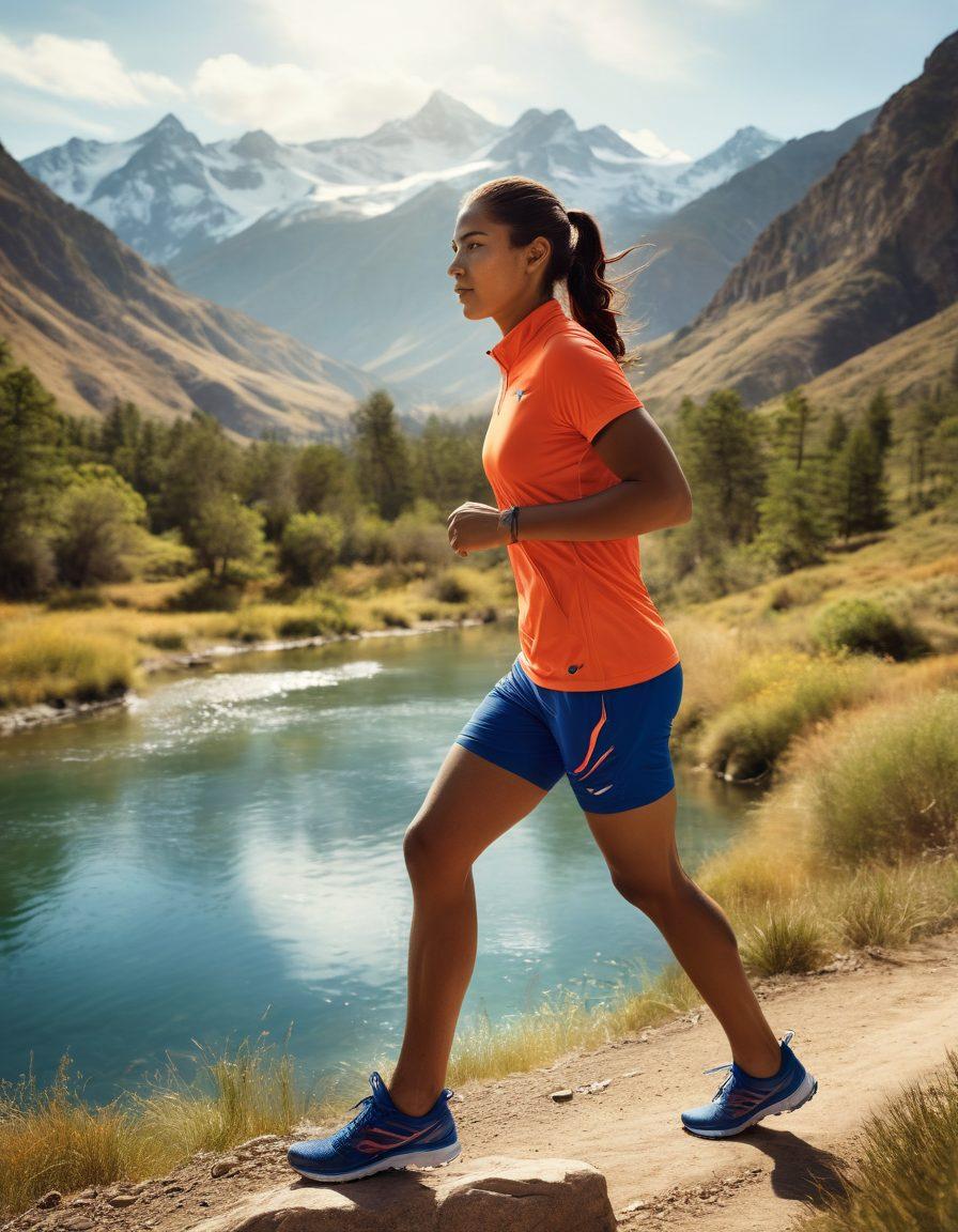 A dynamic scene of various athletes wearing vibrant Saucony performance gear in action, showcasing different lifestyles like running, hiking, and casual wear. The background features a sunlit outdoor environment with mountains and running trails, illustrating a sense of freedom and adventure. Include various colors that represent energy and vitality. super-realistic. vibrant colors. outdoor setting.
