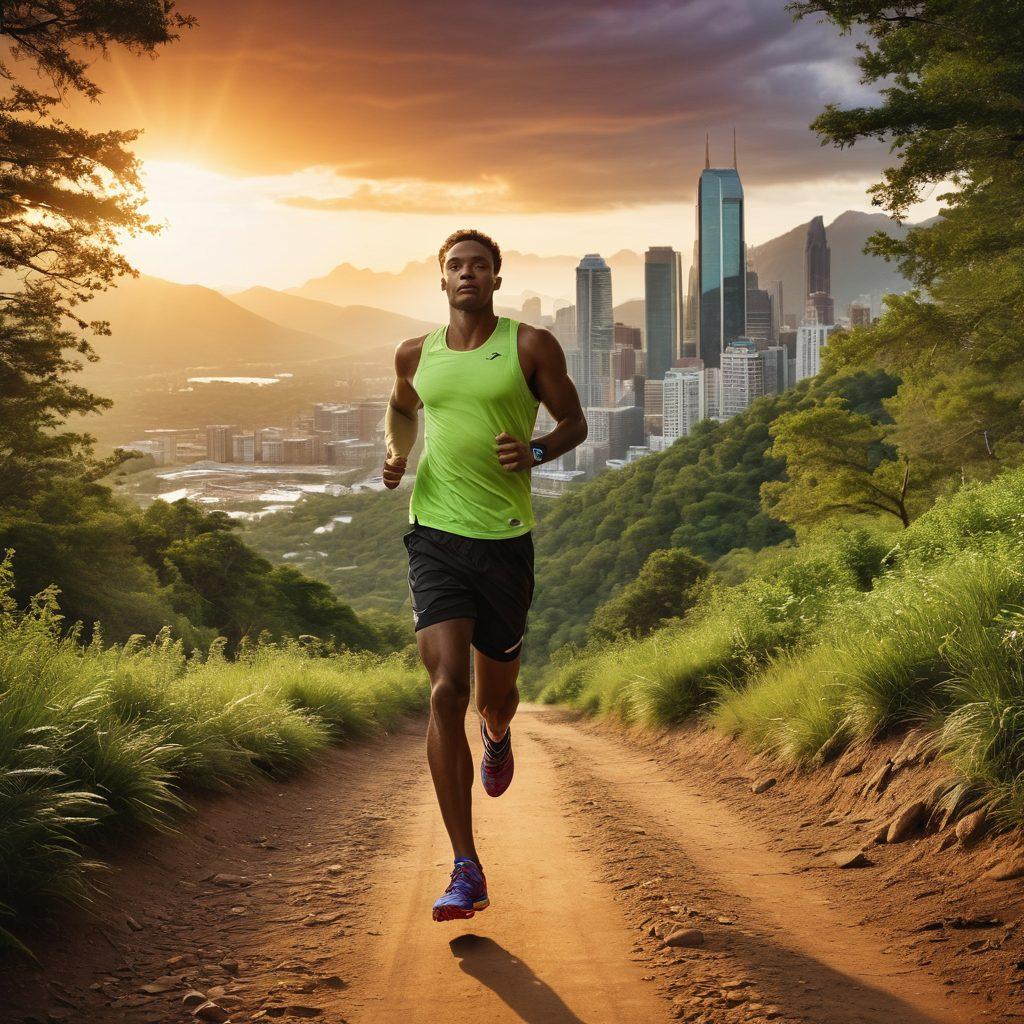 A dynamic scene showcasing a runner transitioning from a smooth urban track to a rugged outdoor trail, wearing Saucony running shoes. The athlete is mid-stride, with a backdrop of city skyscrapers fading into lush green woods and mountains. Incorporate an inspiring sunrise in the background symbolizing new adventures and possibilities. Capture the spirit of athleticism and nature's beauty together. super-realistic. vibrant colors. dramatic lighting.