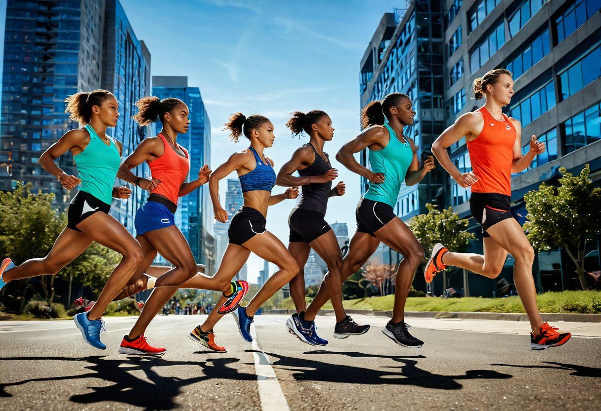 A dynamic composition featuring diverse athletes wearing Saucony shoes, showcasing their performance in various sports like running, track and field, and trail running. The backdrop should highlight an energetic and vibrant urban landscape, reflecting movement and activity. Include elements such as athletic gear, colorful trails, and a sense of speed to embody versatility and style. The overall feel should be motivational and inspiring. super-realistic. vibrant colors.